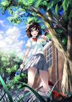  1girl arm_up blush bottle brown_hair can clouds kyon_(fuuran) leaf looking_at_viewer open_mouth original school_uniform short_hair skirt sky smile solo tree 