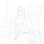  box breasts fate/stay_night fate_(series) gift gift_box glasses highres ladymarta large_breasts lineart long_hair looking_at_viewer monochrome no_pants ribbed_sweater rider seiza sitting solo sweater thigh-highs thighhighs turtleneck v_arms very_long_hair 