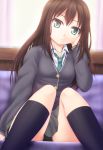  aqua_eyes black_panties brown_hair cardigan highres idolmaster idolmaster_cinderella_girls kneehighs long_hair necktie noshimasa panties pantyshot pantyshot_(sitting) plaid plaid_necktie school_uniform shibuya_rin sitting skirt solo underwear 