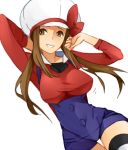  adult alternate_hairstyle breasts brown_eyes brown_hair doodle hat kotone_(pokemon) large_breasts long_hair pokemon pokemon_(game) pokemon_hgss simple_background smile solo thigh_gap thighhighs tribute white_background 
