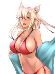  1girl alternate_costume bangs bikini blonde_hair breasts cleavage collarbone dark_skin eureka_(eureka-0075) eyebrows_visible_through_hair fang glasses groin hair_between_eyes kantai_collection large_breasts long_hair looking_at_viewer musashi_(kantai_collection) navel open_mouth pointy_hair red_bikini red_eyes semi-rimless_eyewear shirt short_hair_with_long_locks side-tie_bikini simple_background smile solo stomach swimsuit toned twintails two_side_up undressing white_background 
