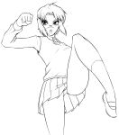  ciel drawfag glasses highres kicking lineart mary_janes monochrome open_mouth panties pantyshot pleated_skirt shoes short_hair skirt solo sweater_vest tsukihime underwear 
