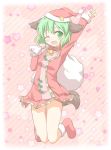 adapted_costume animal_ears arm_up bag bell bell_collar collar fang green_eyes green_hair hat highres jumping kasodani_kyouko long_sleeves open_mouth over_shoulder red_boots santa_boots santa_hat shino_megumi shirt short_hair skirt smile solo star tail touhou wink 