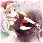  blonde_hair bow character_name dress green_eyes hair_bow holding knife long_hair looking_at_viewer mayu_(vocaloid) sitting smile solo vocaloid wogura 
