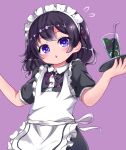  1girl apron black_hair blue_eyes blush drink female highres maid maid_headdress original purple_background simple_background solo straw sweat tray 
