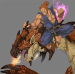  abs aimani aura barefoot_sandals capcom company_connection crossover dark_skin dougi dragon fangs flame glowing glowing_hand gouki horns monster_hunter muscle rathalos red_hair redhead rope sandals short_hair simple_background sleeveless street_fighter topknot 