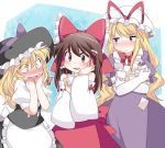  apron blush bow brown_eyes brown_hair commentary_request detached_sleeves hair_bow hair_tubes hakurei_reimu hammer_(sunset_beach) hat hat_ribbon kirisame_marisa long_hair multiple_girls open_mouth puffy_sleeves purple_eyes ribbon short_sleeves sweatdrop touhou very_long_hair violet_eyes wide_sleeves witch_hat yakumo_yukari 