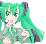 blush detached_sleeves green_eyes green_hair hage hatsune_miku highres long_hair open_mouth simple_background smile solo vocaloid white_background 