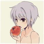 biting brown_eyes nagato_yuki nude purple_hair short_hair solo suzumiya_haruhi_no_yuuutsu tomato ukon 