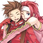  blue_eyes brown_hair closed_eyes eyes_closed gloves grin headband iwatsuki lloyd_irving long_hair looking_at_viewer lowres male multiple_boys open_mouth red_hair redhead short_hair smile tales_of_(series) tales_of_symphonia teeth wink zelos_wilder 