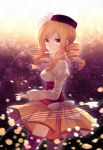  blonde_hair cuivre dress drill_hair grief_seed hair_ornament holding light_particles looking_back magical_girl mahou_shoujo_madoka_magica smile solo tears thigh-highs thighhighs tomoe_mami twin_drills yellow_eyes 