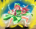  1girl aura blue_eyes bow braid commentary commentary_request constricted_pupils dragon_ball dragon_ball_z dragonball_z electricity fighting_stance hair_bow hat hong_meiling kamishima_kanon long_hair open_mouth red_hair redhead solo super_saiyan sweat touhou 
