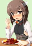  1girl brown_eyes brown_hair dish eating food headband headgear highres kantai_collection looking_at_viewer open_mouth short_hair solo spoon table taihou_(kantai_collection) 