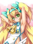  armpits arms_up bell blazblue blonde_hair green_eyes hairband heart heart-shaped_pupils long_hair platinum_the_trinity roura smile solo symbol-shaped_pupils twintails 