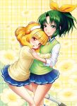  :o blonde_hair blush cardigan flower green_eyes green_hair hairband hand_on_another&#039;s_head hand_on_another's_head hug kise_yayoi lips midorikawa_nao multiple_girls ponytail precure short_hair skirt sleeves_rolled_up smile smile_precure! sweater_vest yellow_eyes yuri yuu_(derodero) 