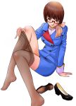  glasses katayama_makoto pantyhose pantyhose_pull scarf shoes_removed skirt stewardess 