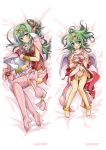  :d age_comparison anklet armor barefoot blush bracelet breasts cape chiki cleavage dakimakura dual_persona fire_emblem fire_emblem:_kakusei garter_straps gloves green_eyes green_hair hair_ornament hair_ribbon highres jewelry kagura_takeshi long_hair lying necklace open_mouth pendant pink_legwear pointy_ears ponytail ribbon sash short_dress side_slit smile solo thigh-highs thighhighs wings young 