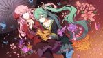  alternate_outfit bangs blue_eyes breasts butterfly flower frills green_eyes green_hair hair hatsune_miku japanese_clothes kumio long_hair magnet_(vocaloid) megurine_luka multiple_girls open_mouth oriental_umbrella pantyhose pink_hair project_diva project_diva_2nd skirt smile thigh-highs thighhighs tongue twintails umbrella very_long_hair vocaloid 