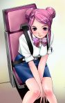  bowtie copyright_request double_bun hair_ornament hairclip katayama_makoto pink_hair purple_eyes seat_belt seatbelt skirt stewardess violet_eyes 