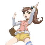  &gt;:o bag blush brown_hair butterfly_hair_ornament caryo chousoku_henkei_gyrozetter female green_eyes hair_ornament inaba_rinne long_hair lowres midori_boushi shorts side_ponytail simple_background single_thighhigh solo striped striped_legwear thigh-highs thighhighs white_background 