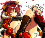  ;) alternate_costume apple boots breasts dated food fruit gouda_nagi grin holding long_hair looking_at_viewer mahou_shoujo_madoka_magica navel pocky ponytail red_eyes red_hair redhead sakura_kyouko smile solo white_background wink 