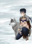  abs bandage bandages blue_hair breath choker circlet facial_mark fate/stay_night fate_(series) fur_coat highres ladymarta lancer one_knee ponytail red_eyes sandals shirtless snow wolf 