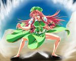  1girl aura blue_eyes bow braid commentary commentary_request constricted_pupils dragon_ball dragon_ball_z dragonball_z fighting_stance hair_bow hat hong_meiling kamishima_kanon long_hair open_mouth red_hair redhead solo sweat touhou 
