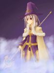  1girl cloak fog hat original r-sylph red_eyes solo staff white_hair witch_hat 