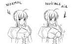  ahoge blush braid breast_expansion breasts cleavage cleavage_cutout corset directional_arrow english fate/extra fate/stay_night fate_(series) french_braid hair_bun highres ladymarta monochrome payot puffy_sleeves saber saber_extra sketch sparkle text 