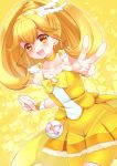  :d blonde_hair blush collarbone cure_peace dress hair_ornament kise_yayoi magical_girl nekosugiayana open_mouth precure red_eyes ribbon_choker smile smile_precure! solo v wrist_cuffs yellow_background 