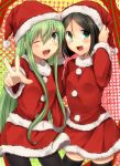  2boys :d ;d androgynous aqua_eyes black_hair black_legwear blush enkidu_(fate/strange_fake) fate/strange_fake fate/zero fate_(series) genderswap green_eyes hat long_hair looking_at_viewer male marimo_danshaku multiple_boys multiple_girls open_mouth pantyhose santa_costume santa_hat sensha_otoko short_hair skirt smile thigh-highs thighhighs trap v waver_velvet wink 