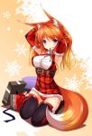  adjusting_hair animal_ears armpits arms_up blue_ribbon blush breasts fatkewell fox_ears fox_tail gift kneeling long_hair mouth_hold orange_hair original plaid purple_eyes rika_eastre solo tail thigh-highs thighhighs violet_eyes 