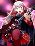  1girl ahoge chain choker electric_guitar fingernails grey_eyes guitar heart hoshi_shouko idolmaster idolmaster_cinderella_girls instrument long_hair open_mouth sharp_fingernails short_sleeves silver_hair skull solo thigh-highs tongue torn_thighhighs very_long_hair 