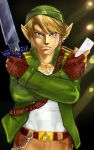  1boy belt blonde_hair blue_eyes contemporary crossed_arms dual_wielding earrings fingerless_gloves gloves hat jewelry keychain link master_sword open_clothes open_jacket pointy_ears scabbard sheath shizuka-shi sword the_legend_of_zelda triforce watermark weapon wii_remote 