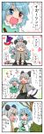  4koma :&lt; ^_^ animal_ears blue_eyes blue_hair capelet chibi closed_eyes comic dowsing_rod eyes_closed grey_hair hand_on_hip heart heterochromia highres karakasa_obake mouse_ears mouse_tail multiple_girls nazrin open_mouth red_eyes short_hair skirt smile tail tatara_kogasa touhou translated translation_request triangle_mouth umbrella yuzuna99 