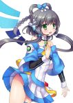  bare_shoulders black_hair green_eyes hair_ornament hair_rings hand_on_own_chest headset long_hair luo_tianyi open_mouth silver15 smile solo vocaloid vocaloid_china 