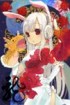  acidear alternate_costume alternate_hair_color animal_ears bunny_ears china_dress chinese_clothes elbow_gloves flower gloves hand_on_hip hand_puppet headphones highres long_hair puppet rabbit_ears red_eyes reisen_udongein_inaba solo touhou white_gloves white_hair 