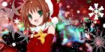  brown_hair card_captor_sakura cardcaptor_sakura christmas elbow_gloves gloves green_eyes hat juria kinomoto_sakura santa_costume santa_hat short_hair snowflakes solo star 