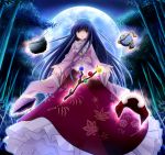 ayase_midori bamboo bamboo_forest black_hair bowl branch cowry_shell floating_object forest frilled_skirt frills full_moon houraisan_kaguya jeweled_branch_of_hourai long_hair long_skirt moon nature revision skirt solo touhou yellow_eyes