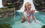  bird blackash blonde_hair blue_eyes bracelet dress hair_tubes highres jewelry lips long_hair princess_zelda skyward_sword solo the_legend_of_zelda water waterfall 