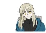  alternate_costume blonde_hair casual fate/stay_night fate_(series) head_tilt ladymarta long_hair overcoat ribbed_sweater saber saber_alter smile solo sweater turtleneck yellow_eyes 