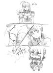 absurdres breast_envy breasts chibi cleavage cleavage_cutout comic dual_persona english fate/extra fate/stay_night fate_(series) highres ladymarta large_breasts monochrome multiple_girls pantyhose saber saber_alter saber_extra 