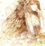  1girl ayatoki-1 bare_shoulders bouquet bride brown_hair detached_sleeves dress flower jewelry long_hair looking_away necklace original pearl purple_eyes solo tears veil violet_eyes wedding_dress 