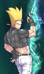  1boy ahoge big_hair blue_eyes crop_top earrings finger_snap fingerless_gloves from_behind gloves jewelry king_of_fighters lightning muscle nikaido_benimaru shiny shiny_clothes solo spiked_hair spiky_hair ura_suji 