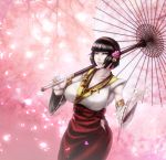  branch breasts cherry_blossoms flower hair_ribbon japanese_clothes jewelry large_breasts necklace okai418 okuni pale_skin petals ribbon sengoku_musou sengoku_musou_2 short_hair smile traditional_clothes umbrella yellow_eyes 