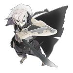  blue_eyes cyborg foreshortening from_above kishuu metal_gear metal_gear_solid metal_gear_solid_4 raiden reverse_grip see-through simple_background solo sword visor weapon white_background white_hair 