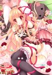  :o ahoge animal_ears bare_shoulders black_legwear blonde_hair blush bunny_ears dress dress_lift flower food holding long_hair looking_at_viewer lying on_side original panties rabbit_ears red_eyes solo stuffed_cat thigh-highs thighhighs underwear white_panties yuutsuki_hina 