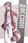  animal_ears blue_eyes brown_hair citri glasses looking_at_viewer pointer raccoon_(trickster) raccoon_ears raccoon_tail short_hair smile solo tail trickster trickster_online yuetsuki_(ash) 
