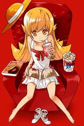  armchair bare_shoulders barefoot blonde_hair blush_stickers chair doughnut dress drinking hat hat_removed headwear_removed highres long_hair monogatari_(series) oshino_shinobu popcorn red_background shiotan shoes_removed sipping smile solo yellow_eyes 