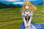  ahoge blonde_hair breasts cleavage cleavage_cutout collarbone corset dress fate/stay_night fate_(series) field gem green_eyes hair_down highres ladymarta long_hair marker_(medium) mountain puffy_sleeves saber see-through solo traditional_media v_arms wind 